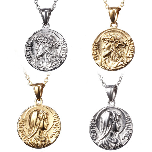 Fashion Gold Color And Silver Color Charm Jesus Virgin Mary Religion Coin Pendant Necklace Jewelry For Men Women Gifts