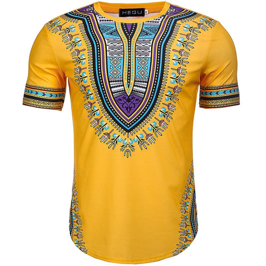Summer African Print Men Dashiki Tee Shirt Round Neck Yellow Colorful Short Sleeve pullover Festival Outfit For Adult Men