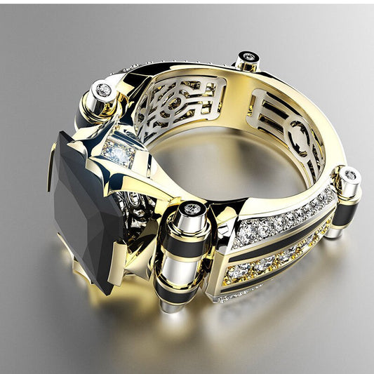 Gold with Black Stone Men's Ring Steampunk Vintage Engement Lovly Wedding Rings