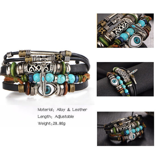 2 pcs Tibet Stone Feather Multilayer Leather Bracelet Eye Fish Charms Beads Bracelets for Men Vintage Punk Wrap Wristband