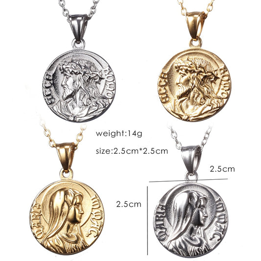 Fashion Gold Color And Silver Color Charm Jesus Virgin Mary Religion Coin Pendant Necklace Jewelry For Men Women Gifts