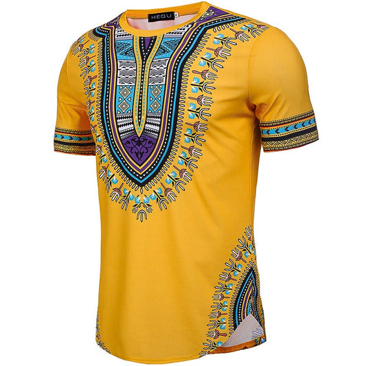 Summer African Print Men Dashiki Tee Shirt Round Neck Yellow Colorful Short Sleeve pullover Festival Outfit For Adult Men