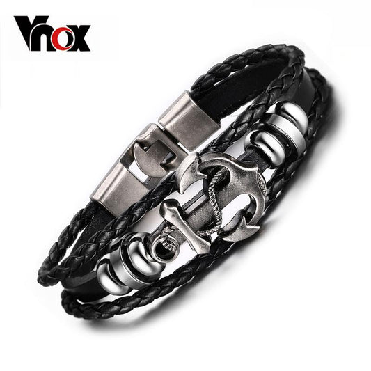 Vnox Anchor Bracelet Black Braided Leather Charm Men Jewelry