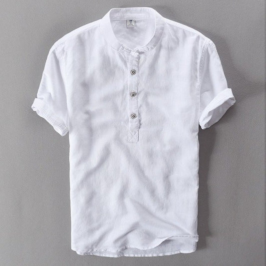 Mens Shirts Fashion Summer Short Sleeve Slim Linen Shirts Male White Color Casual Shirts