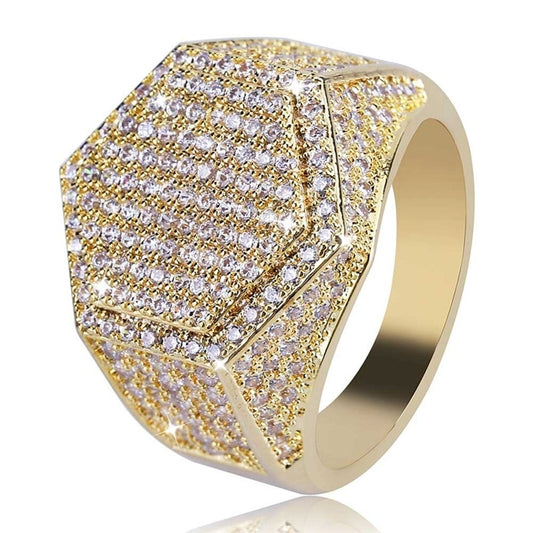 Hip Hop Fashion Rings Copper Gold Silver Color Iced Out Bling Micro Pave Cubic Zircon Geometry Ring Charms For Men gift