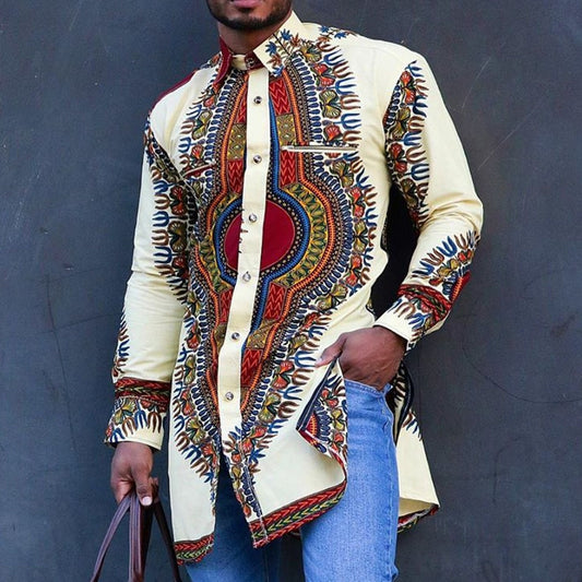 Autumn and Spring Fashion Style African Men Printing Polyester Plus Size Shirt
