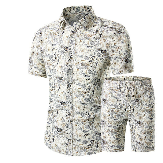 2 Pieces Sets Summer Featured Printing Tracksuit Men Casual Fashion Floral Print Shirts+Shorts Set Mens Beach Hawaiian Clothing
