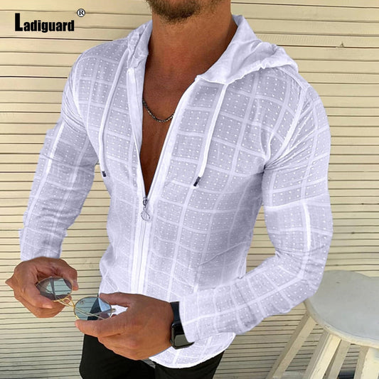 Ladiguard Trend 2021 Hoodie Shirt Patchwork Zipper Men Summer Casual Plaid Top Solid White Blouse Mens Open Stitch Thin Clothes