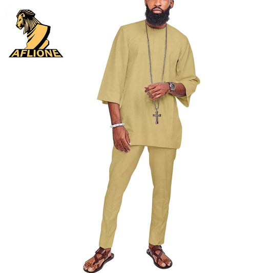 African Men Set Casual Shirt and Pant Two Piece Suit Dashiki Half Sleeve Ankara Tracksuit Bazin Riche Af2116072