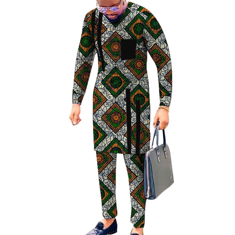 Black Strip Tops Breast Pocket Design Patchwork Shirts+Trousers African Print Men's Outfits Male Groom Suits Ankara Pant Sets