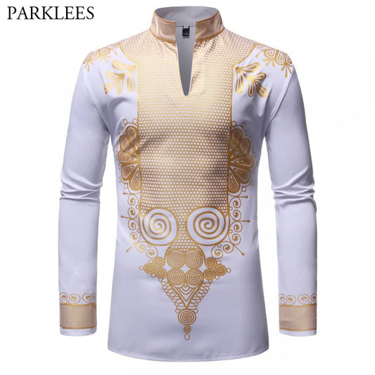 White Mandarin Collar Shirt Men 2019 Fashion African Dashiki Print Dress Shirt Men Long Sleeve Casual Shirts African Clothing