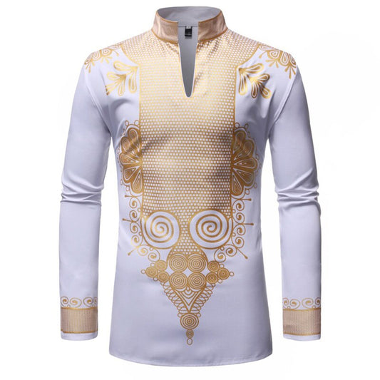 White Mandarin Collar Shirt Men 2019 Fashion African Dashiki Print Dress Shirt Men Long Sleeve Casual Shirts African Clothing