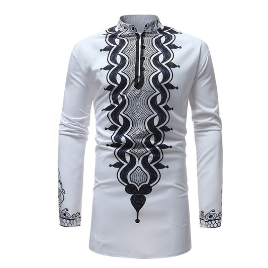 2022 Print Rich Bazin Man African Clothes Fashion African Dress White Long-sleeved Shirt Casual Maxi Men Africa Dashiki Dresses