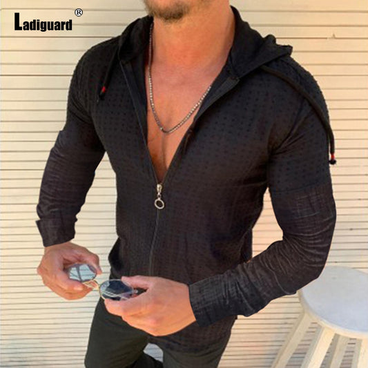 Ladiguard Trend 2021 Hoodie Shirt Patchwork Zipper Men Summer Casual Plaid Top Solid White Blouse Mens Open Stitch Thin Clothes