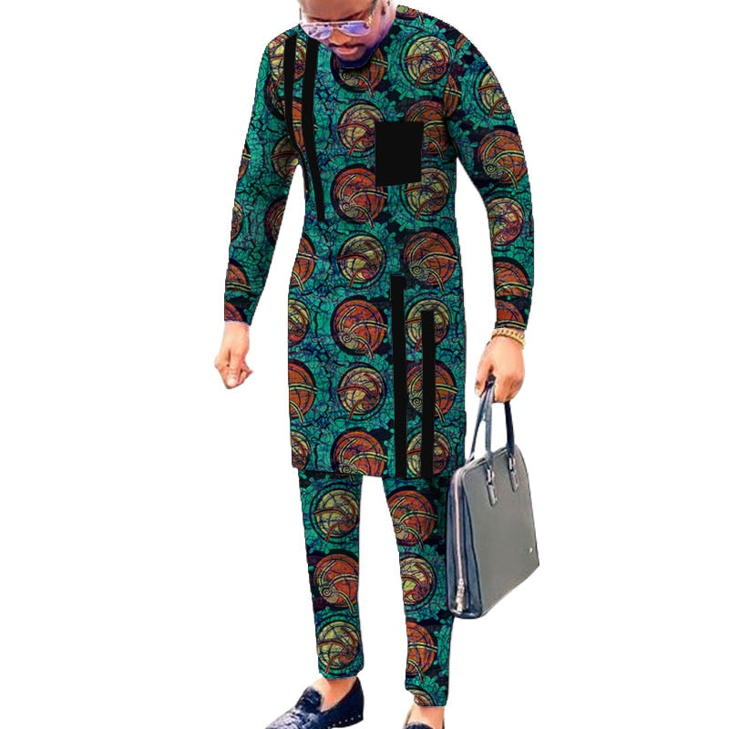 Black Strip Tops Breast Pocket Design Patchwork Shirts+Trousers African Print Men's Outfits Male Groom Suits Ankara Pant Sets