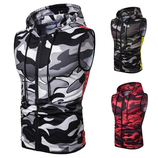 Mens Fashion Men's Sleeveless Camouflage Zipper Hooded Vest Tank Tops