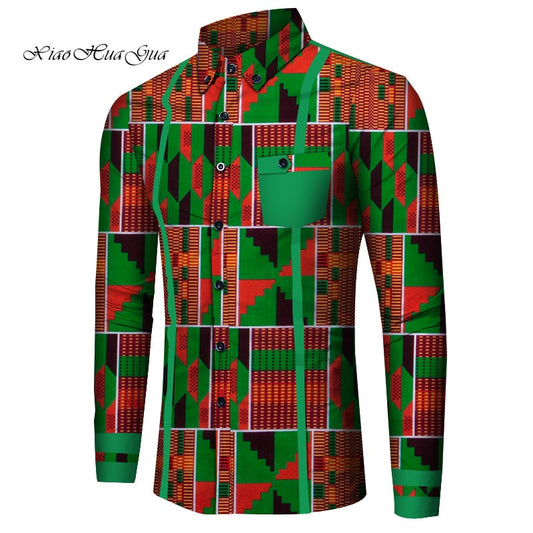 Men Long Sleeve Shirt Bazin Riche Traditional African Clothing Cotton Print Dashiki Tops African Clothes Causal Shirts WYN818