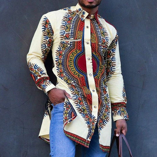 Autumn and Spring Fashion Style African Men Printing Polyester Plus Size Shirt