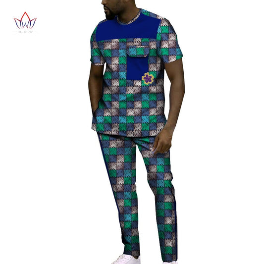 Summer Bazin Riche Men 2 Pieces Pants Sets African Design Clothing African Clothes Casual Men Top Shirts and Pants Sets WYN1188
