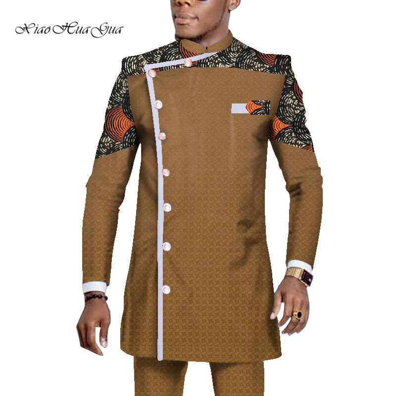 2020 New African Men Dashiki Outfits Long Sleeve Shirt Suit Ankara Pants Plus Size 2 Pieces Set African Men Clothes WYN1065