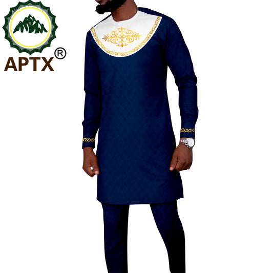 African Clothes for Men Fasional Long Sleeve Bazin Riche Shirts and Pants 2 Piece Outfits APTX Formal TA2116070