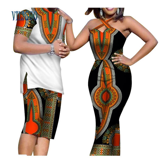 Summer African Print Men Top and Pants Sets for Couple Clothing Women Bazin Riche Dashiki 2 Pieces Lover Couples Clothes WYQ81