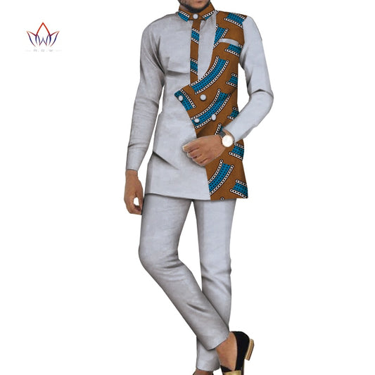 Bazin Riche Men 2 Pieces Pants Sets African Design Clothing African Men Clothes Casual Men Top Shirts and Pants Sets WYN981