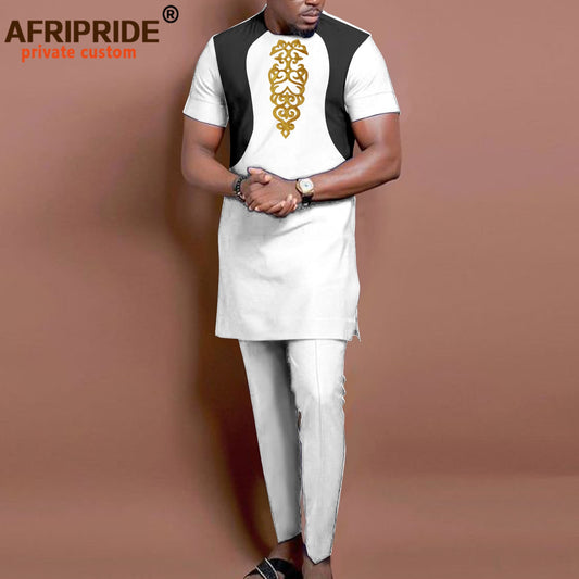 Bazin Riche African Clothing for Men Short Sleeve Dashiki Embroidery Tops and Trousers 2 Piece Set Traditional Outfits A2216011