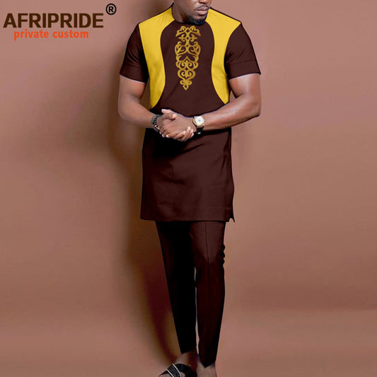 Bazin Riche African Clothing for Men Short Sleeve Dashiki Embroidery Tops and Trousers 2 Piece Set Traditional Outfits A2216011