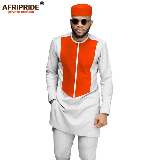 2019 African Men Traditional Clothing Set Dashiki Coat Shirt and Ankara Pants and Tribal Hat Attire Tracksuit AFRIPRIDE A1916033