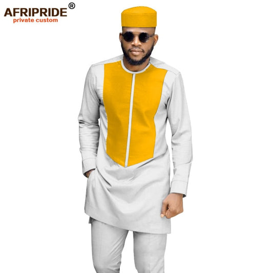 2019 African Men Traditional Clothing Set Dashiki Coat Shirt and Ankara Pants and Tribal Hat Attire Tracksuit AFRIPRIDE A1916033