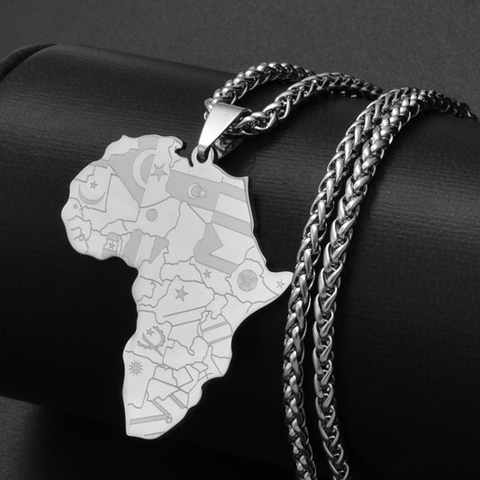 Anniyo Silver Color Stainless Steel Polishing Africa Map Flag Pendant Chain Necklaces African Maps Jewelry for Women Men #126121