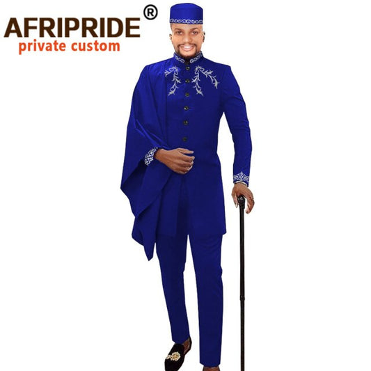 African Men Clothing for Party Wedding Dashiki Printed Coats Ankara Pants and Hat 3 Piece Set Tribal Suit Wax AFRIPRIDE A2016017