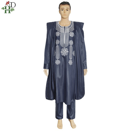 H&amp;D African Suit For Men Robe Shirt Pants Set Long Sleeve Tops Embroidery Agbada Clothes Boubou Africain Homme Traditional Robes