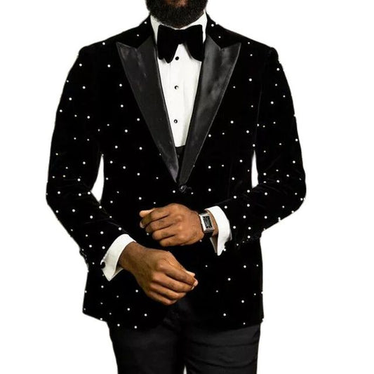 Pearl Beading Men Suits Slim Fit Black Velvet Wedding Tuxedos 2 Piece African Fashion Jacket with Pants Groom Wear 2021