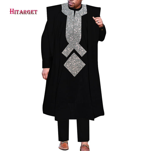 African Men Boubou Dashiki Agbada Robe Suits 3 Piece Sets Slim Men African Outfit Nigerian Clothes Bazin Riche Robe WYN1361