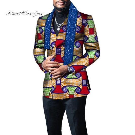 2021 News African Clothes Men Blazer with Scarf Riche Bazin Jacket Coat Outerwear Full Sleeve African Clothing M-6XL WYN1382