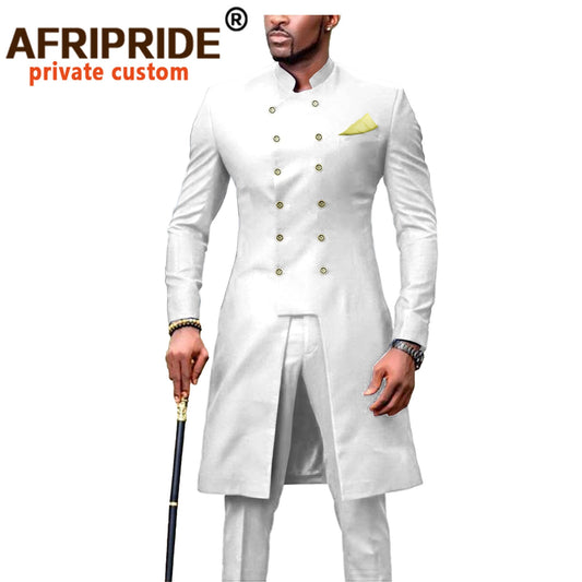 African Suit for Men Dashiki Long Jackets and Pants 2 Piece with Kerchief Double Breasted Slim Fit Formal Outfits Coats A2016054