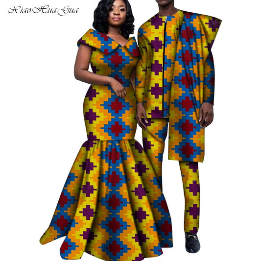 African Clothes for Couple African Print Couple Clothes Men's Suit Set Women's Maxi Dress African Couple Outfit Wedding WYQ556