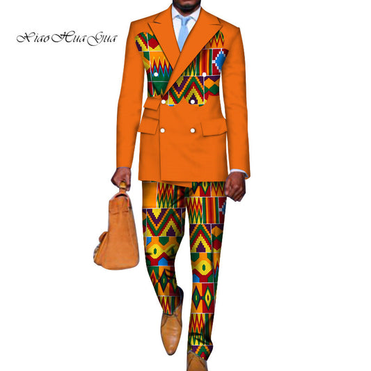 2 Pieces set Blazer and Pants Mens African Clothing Ankara Clothes Bazin Riche African Wax Print Top Suits and Pants Sets WYN740