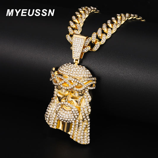 Hip Hop Jesus Pendant Necklace Men Ice Out Paved Full Shining Crystal Jesus Head Face Gold Color Charm Cuban Necklace Jewelry