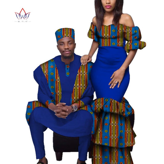African Couple Clothes African Dresses for Women Bazin Riche Long Dresses African Men Print Gown Top and Pants WYQ221