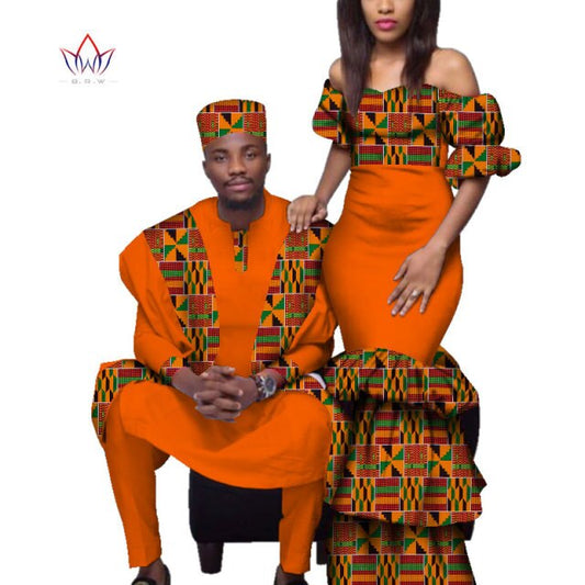 African Couple Clothes African Dresses for Women Bazin Riche Long Dresses African Men Print Gown Top and Pants WYQ221