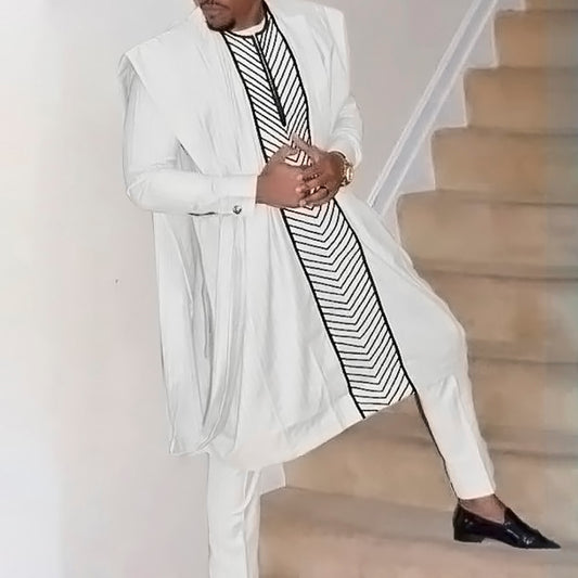 H&amp;D Native African Agbada For Men Embroidery Black White Dress Shirt Pants 3 PCS Set 2022 Eid Mubarek Clothing Dashiki Outfits