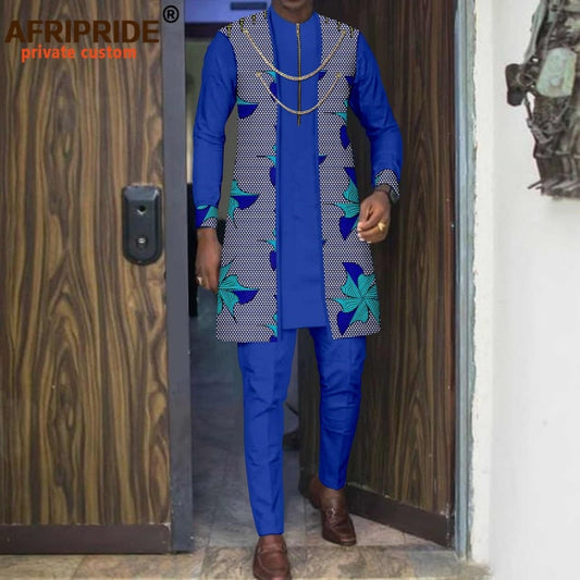 African Clothing for Men Two Chain Zip Jacket Shirts and Ankara Pants 3 Piece Set Print Outfits for Wedding Evening A2216004