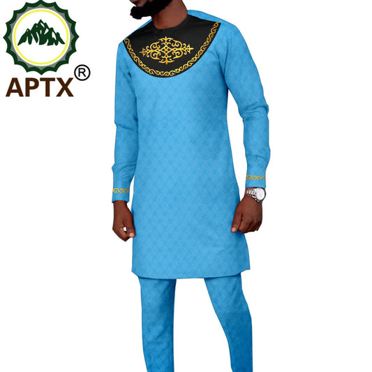 African Clothes for Men Fasional Long Sleeve Bazin Riche Shirts and Pants 2 Piece Outfits APTX Formal TA2116070