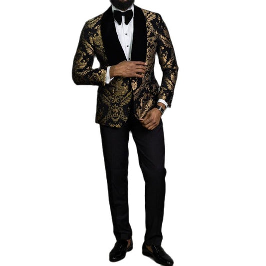 Black Floral Jacquard Prom Men Suits 2 Piece Slim Fit with Velvet Shawl Lapel Wedding Groom Tuxedo Male Fashion Clothes