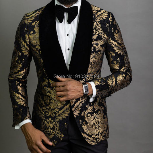 Black Floral Jacquard Prom Men Suits 2 Piece Slim Fit with Velvet Shawl Lapel Wedding Groom Tuxedo Male Fashion Clothes