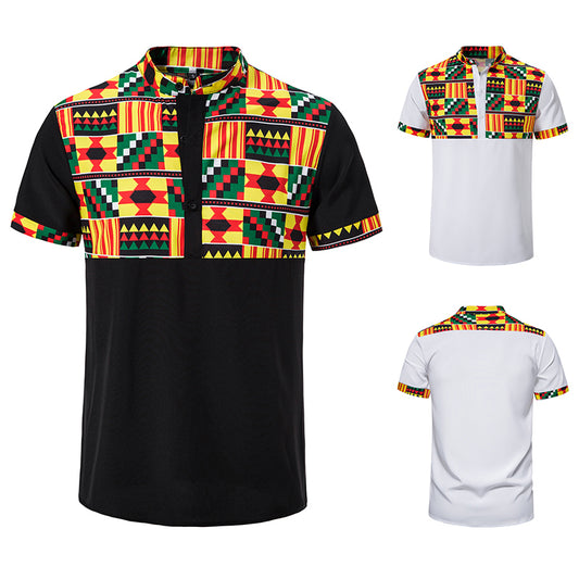 New Plus Size Summer Mens Fashion Print Short Sleeve Shirts African Style Patchwork Button Casual Stand Collar Pullover Shirt