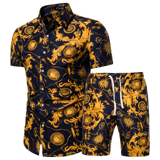 2020 Summer New Men&#39;s Clothing Short-sleeved Printed Shirts Shorts 2 Piece Fashion Male Casual Beach Wear Clothes